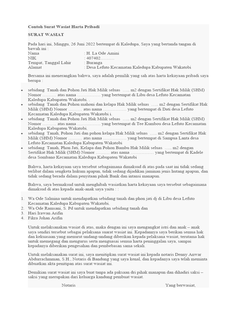 Contoh Surat Wasiat Harta Pribadi | PDF