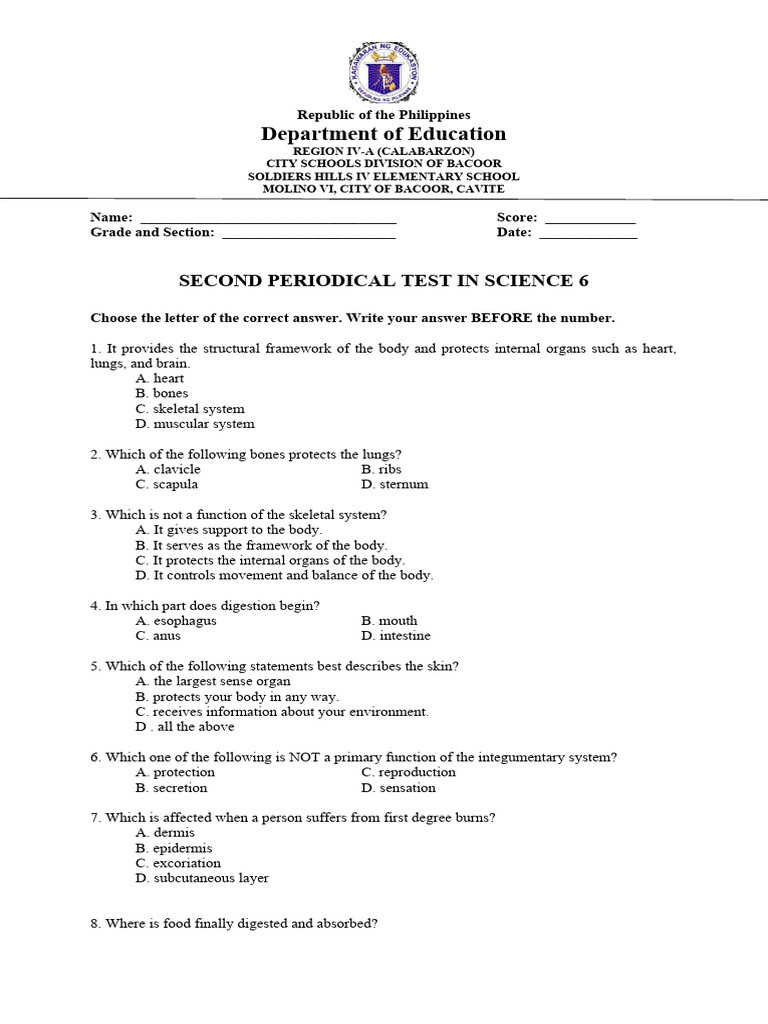 2nd Periodical Test Science 6 Pdf Integumentary System Atrium Heart