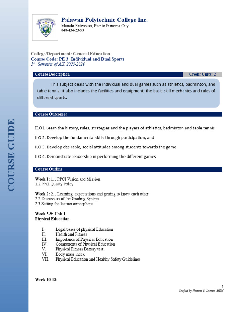 Course Guide PE 3 Individual and Dual Sports | PDF | Track And Field ...