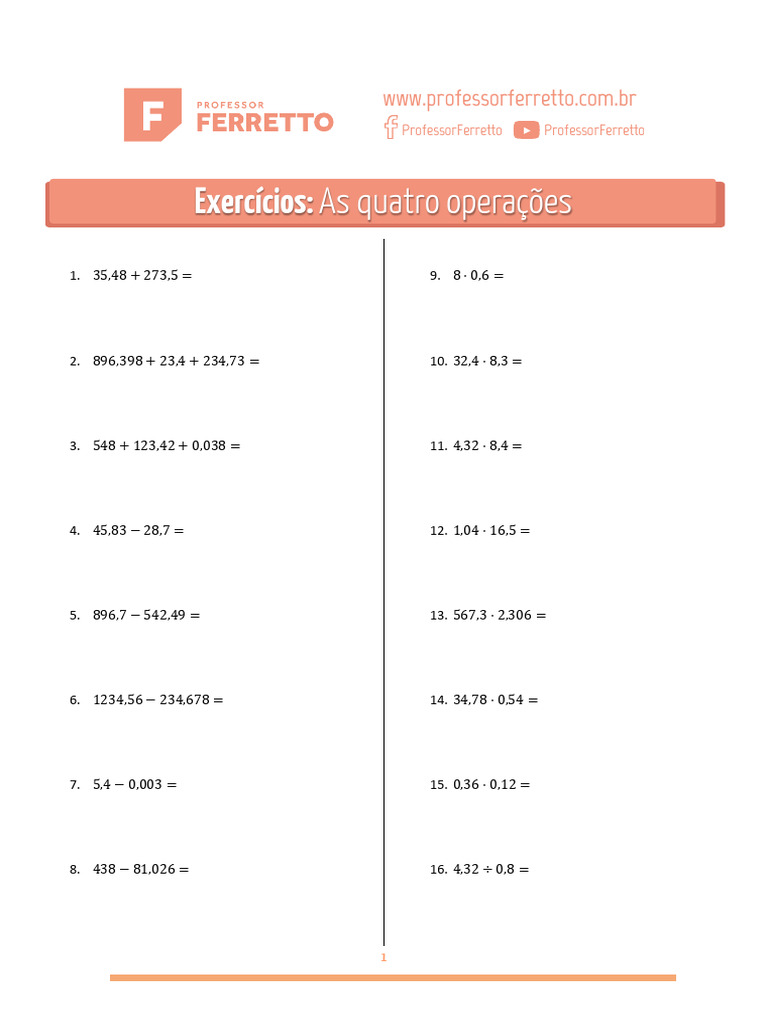 1 e 2 - Adição, Subtração, Multiplicação e Divisão - Exercícios | PDF