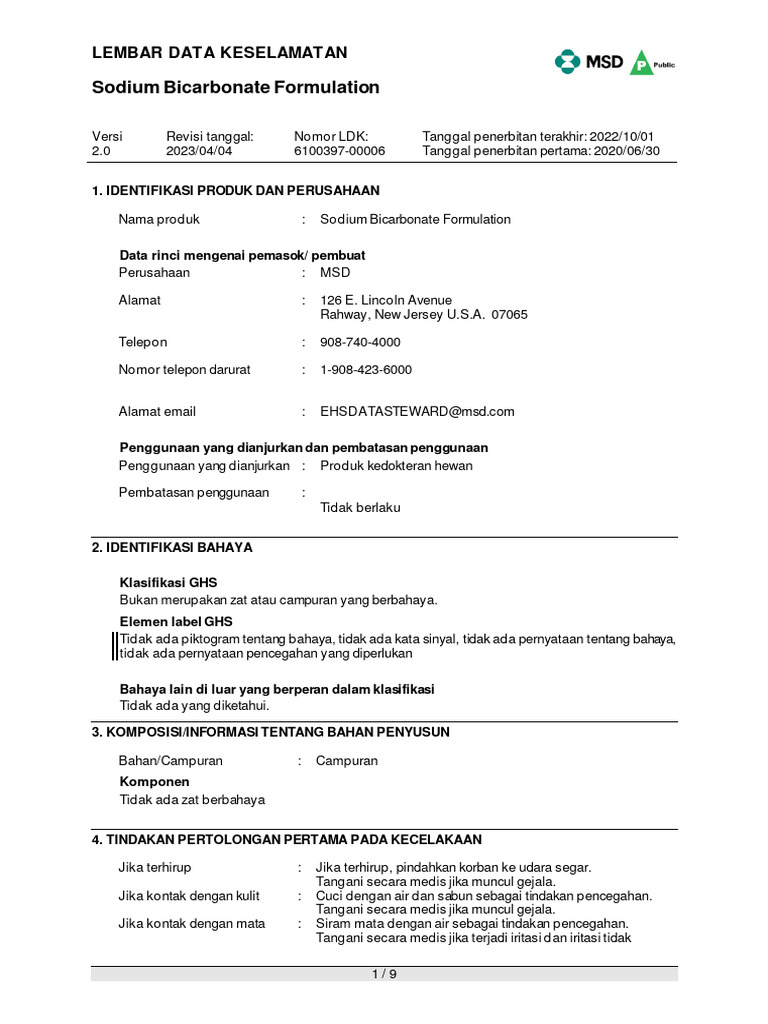 Product SafetyDataSheets AhSds Sodium Bicarbonate Formulation