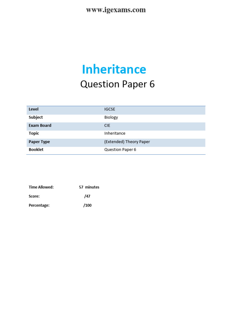 IGCSE Biology Inheritance Exam Paper | PDF | Sexual Reproduction ...