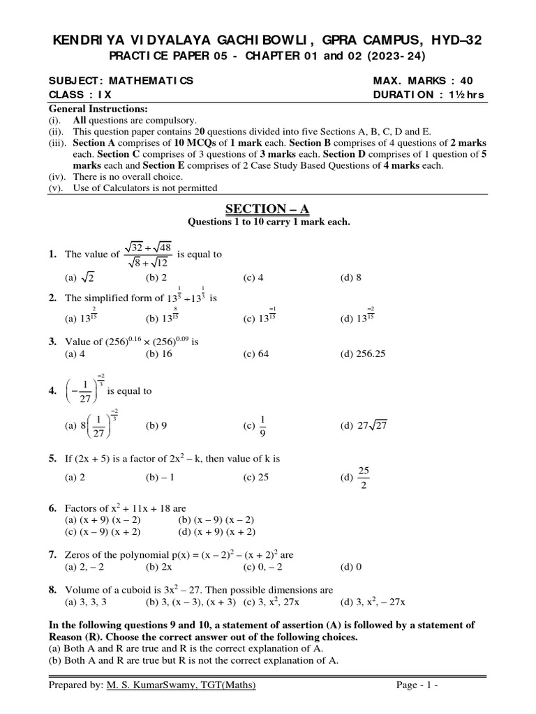 Maths Class Ix Chapter 01 and 02 Practice Paper 05 | PDF | Numbers ...