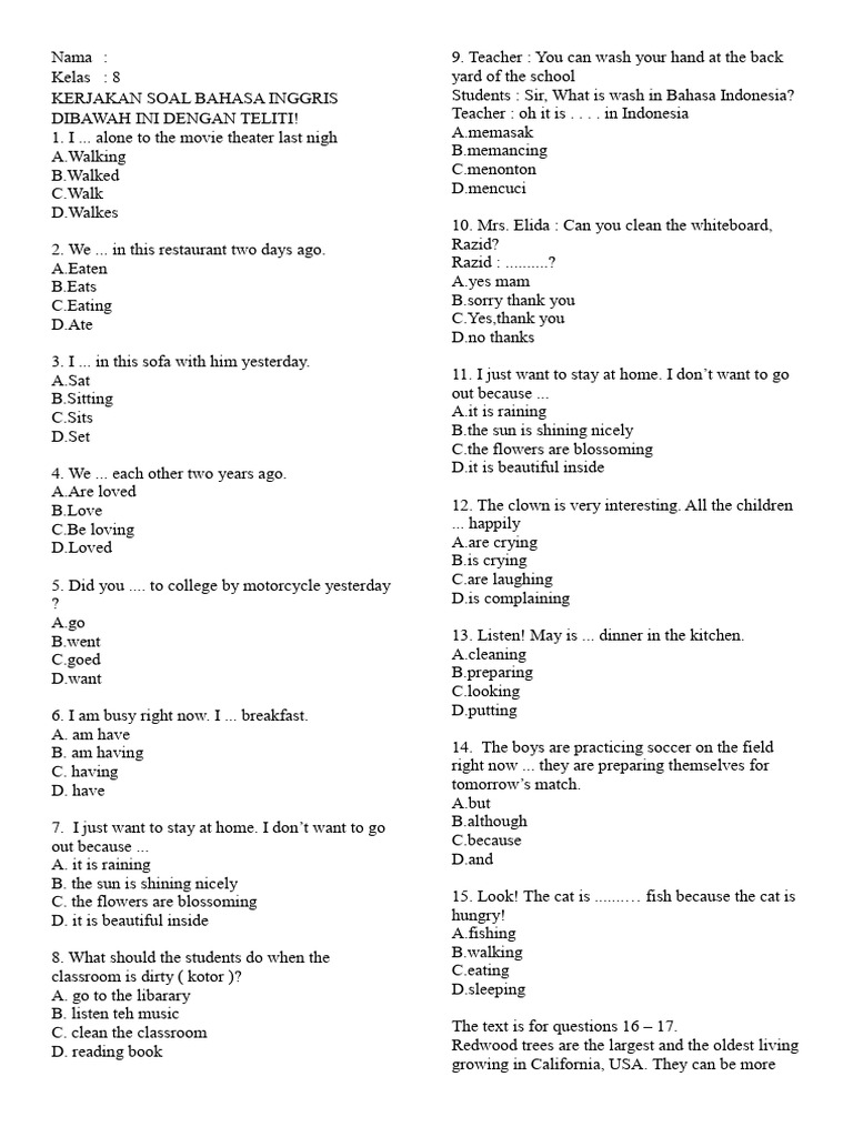 Soal Pas Bahasa Inggris Kelas 8 Kurikulum Merdeka Pdf Zoo Sequoia