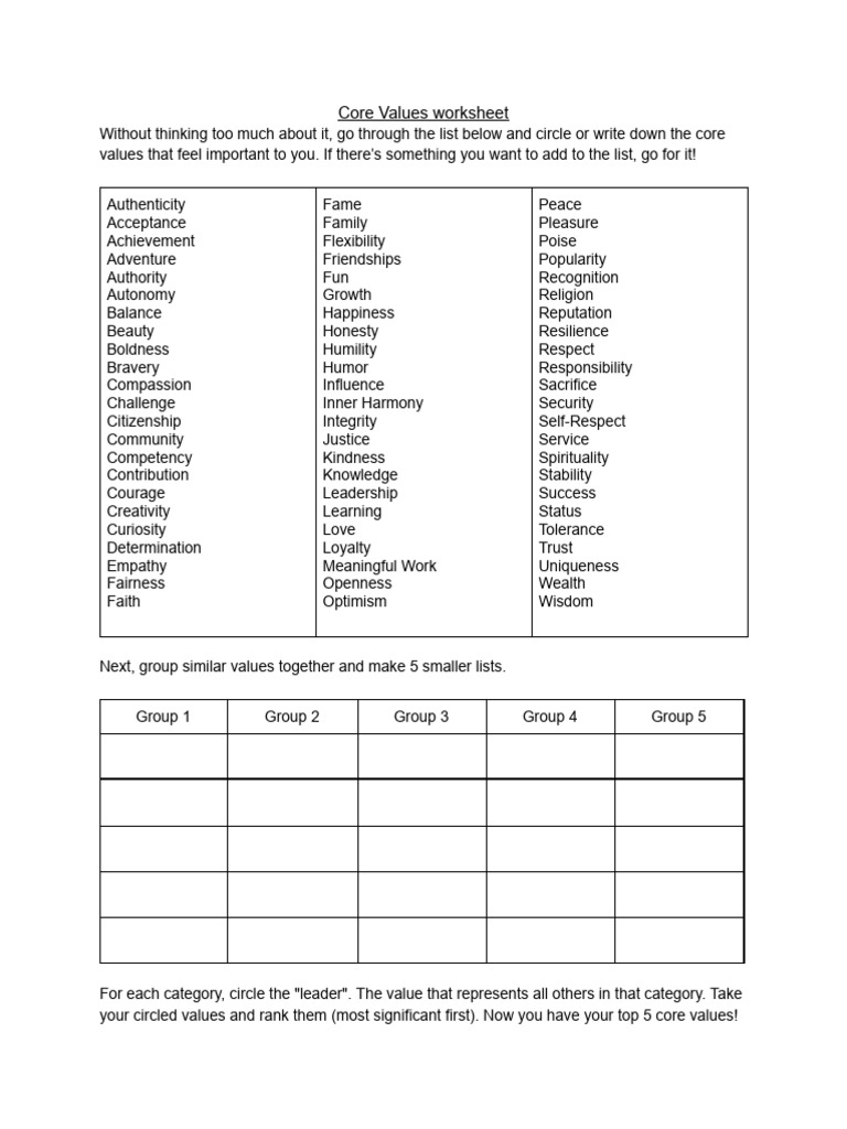 Core Values Worksheet | PDF