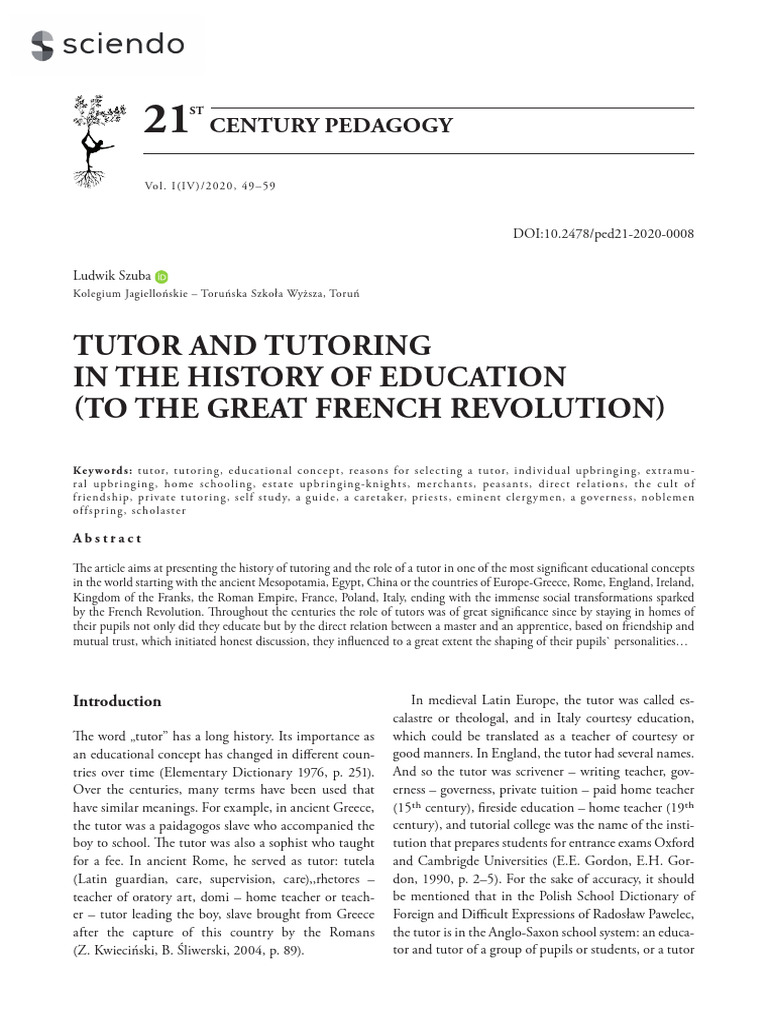 Tutor and Tutoring in The History of Education To The Great French ...