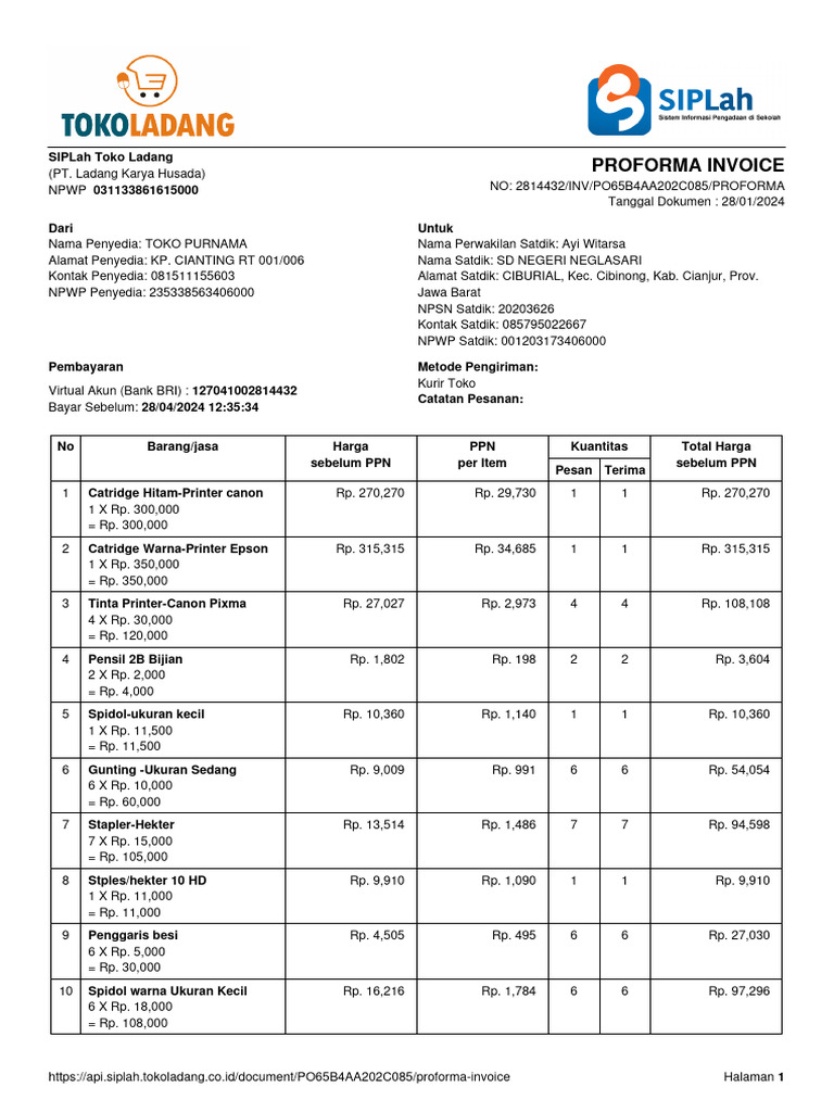 Proforma Invoice Toko Ladang 2024 | PDF