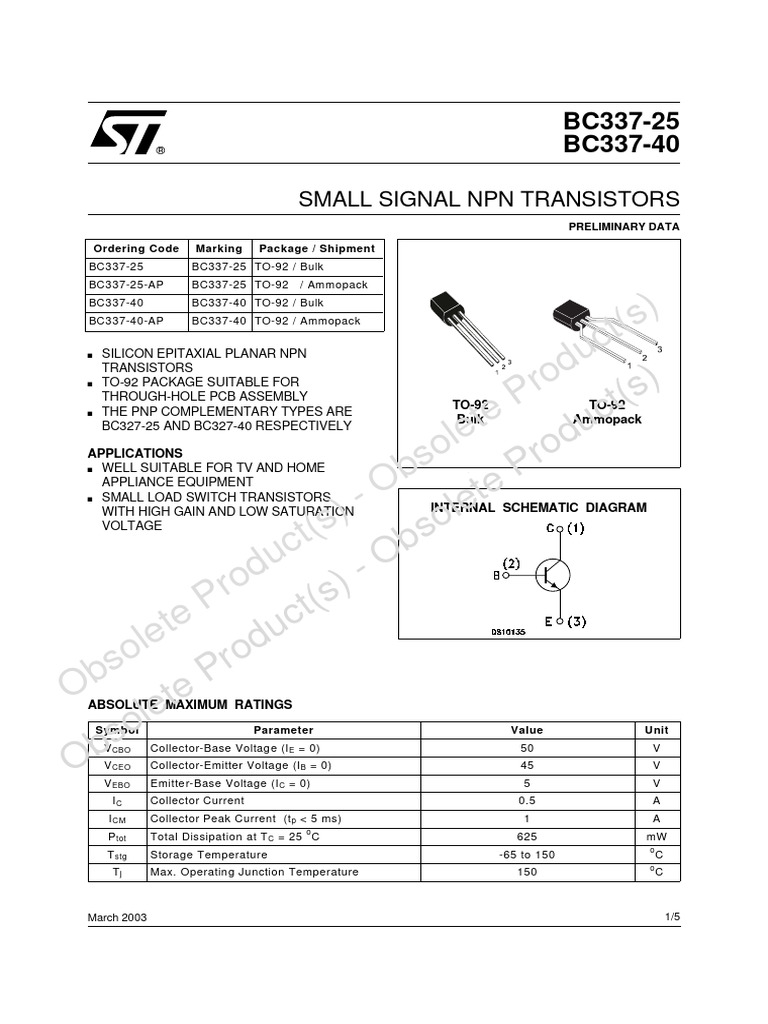 bc337 25 - bc337 40 | PDF | Bipolar Junction Transistor | Transistor