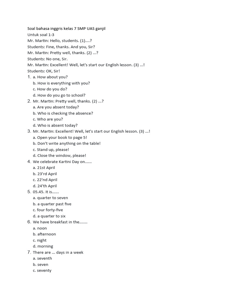 Soal UAS Bahasa Inggris Kelas 7 SMP | PDF | Language Arts & Discipline ...