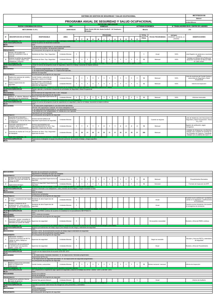 Programa Anual de Seguridad y Salud en El Trabajo 2018 | PDF ...