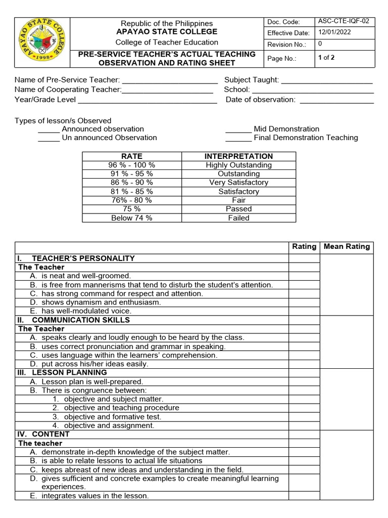 Pre-Service Teacher Observation Sheet | PDF | Teachers | Learning