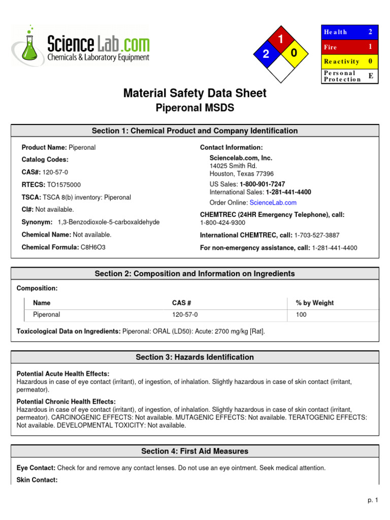 PIPERONAL | Download Free PDF | Toxicity | Personal Protective Equipment