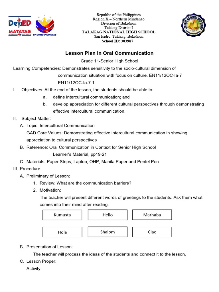 Grade 11 Lesson Plan: Intercultural Communication | PDF | Cross ...