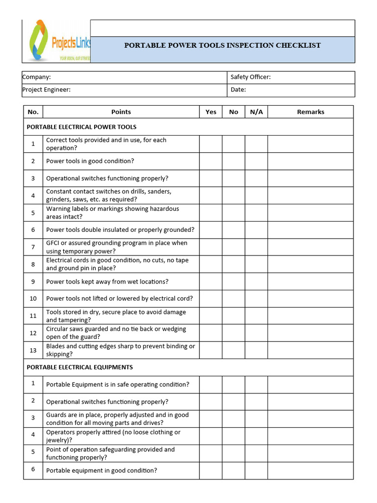Portable Power Tools Inspection Checklist | PDF | Equipment ...