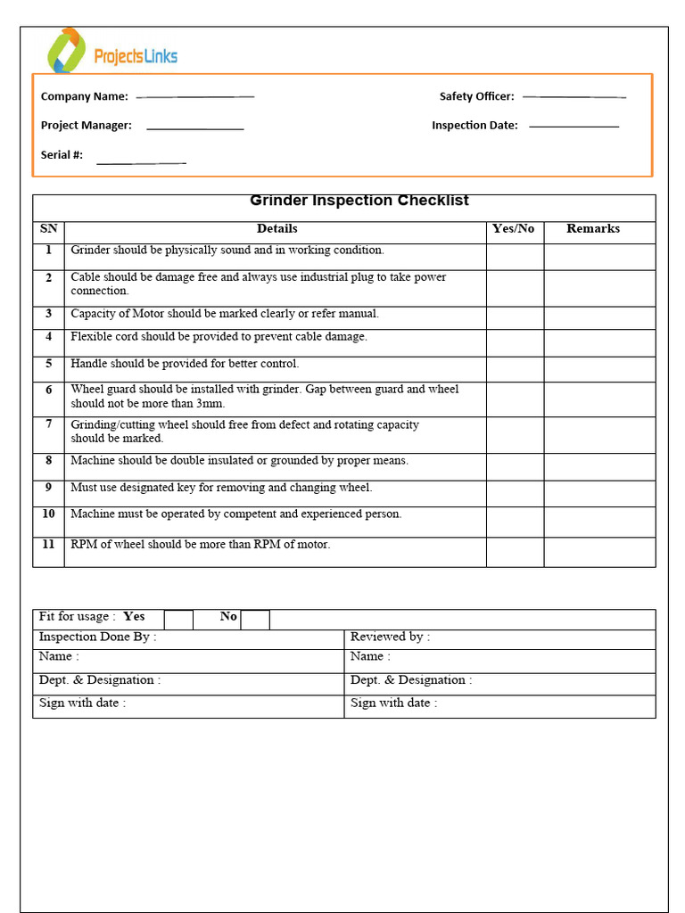 Grinder Inspection Checklist PDF