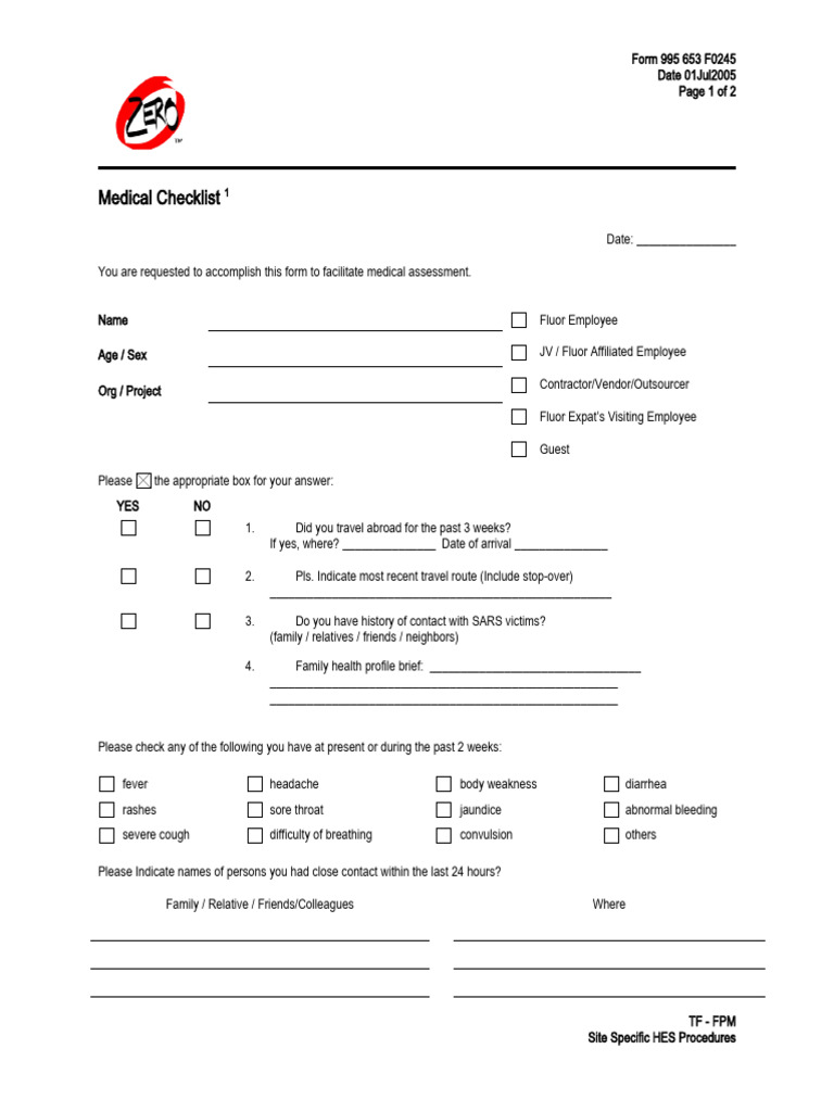 Medical Checklist Sample