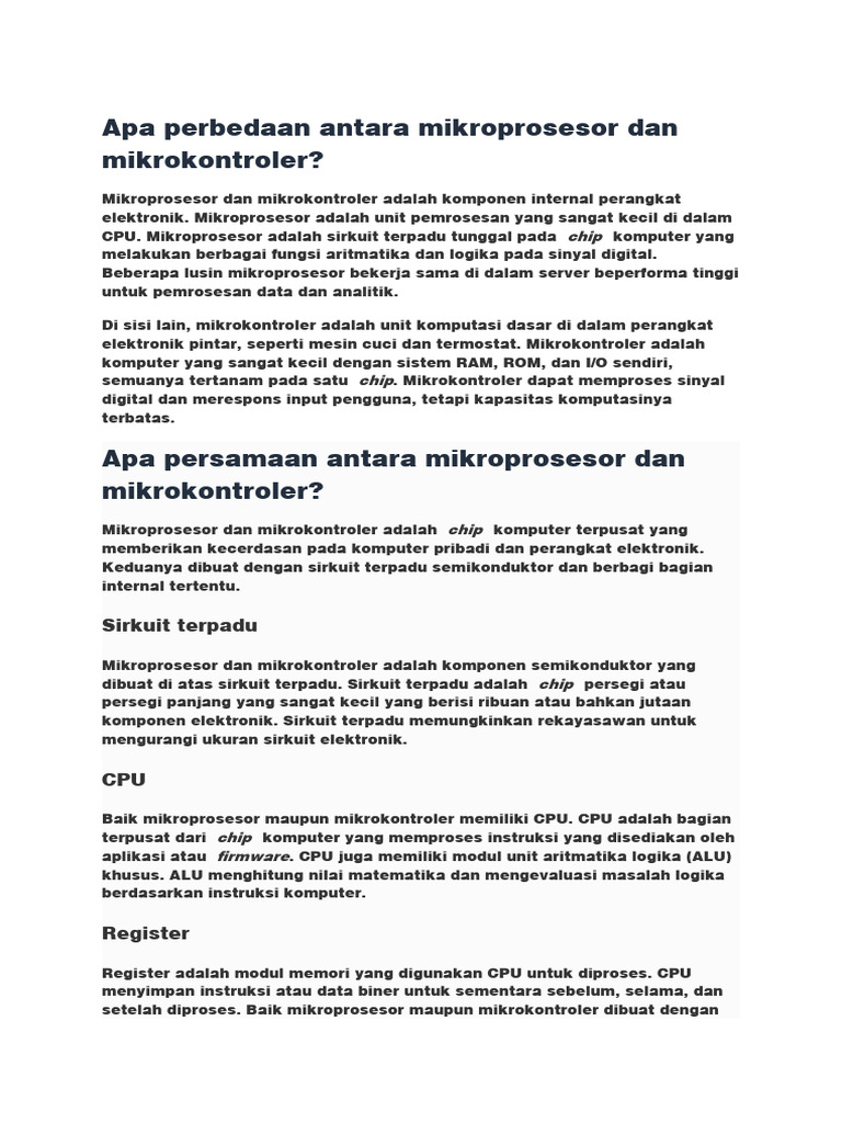 Apa Perbedaan Antara Mikroprosesor Dan Mikrokontroler | PDF
