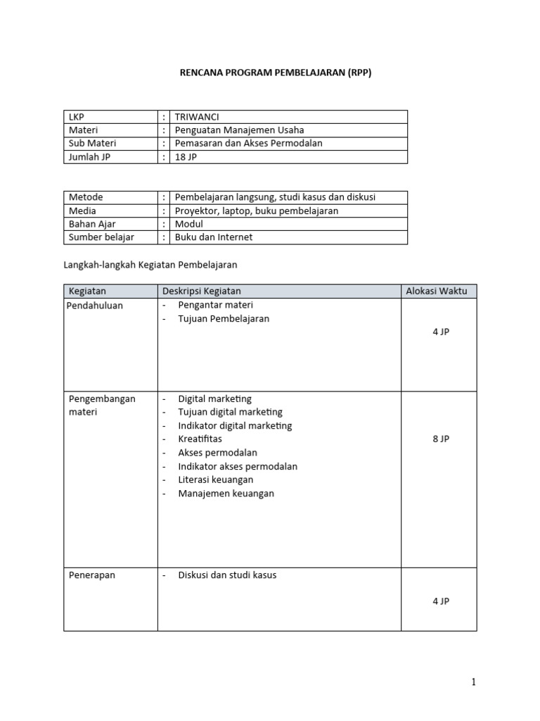 RPP Pemasaran dan Manajemen Usaha | PDF | Karier & Perkembangan | Seni