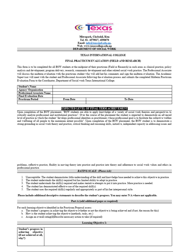 BSW Final Practicum Evaluation Form | PDF | Evaluation | Reflective ...