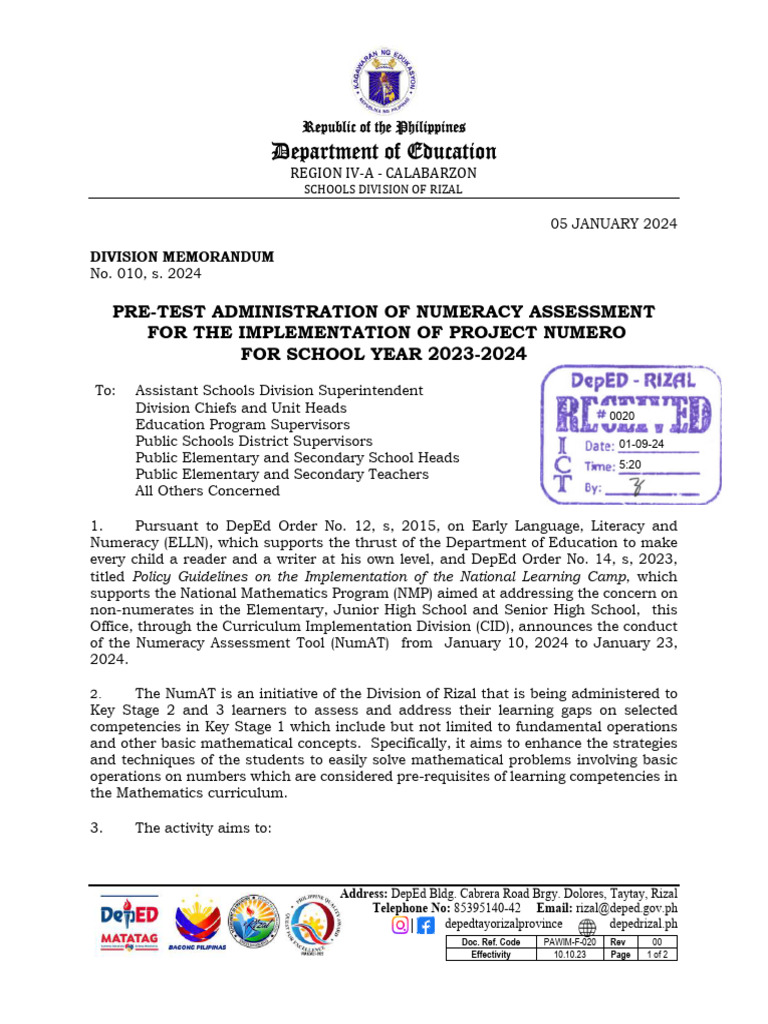 Division Memorandum No. 010, S. 2024 PDF Curriculum Learning