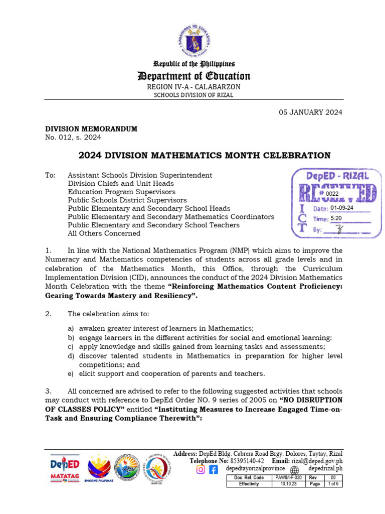 2024 Division Mathematics Month Celebration | PDF