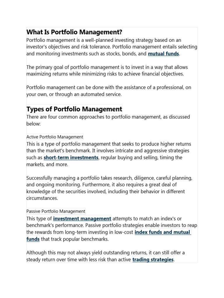 Overview of Portfolio Management Strategies | PDF | Investing ...