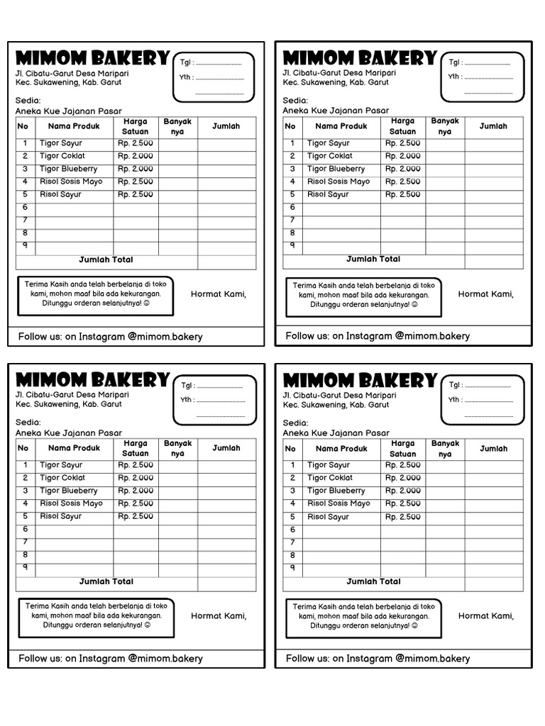 Nota Pembelian MIMOM Bakery | PDF