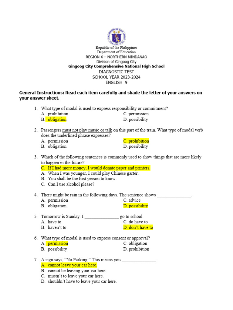 Grade 9 English Diagnostic Test 2023-2024 | PDF | Bias | Argument