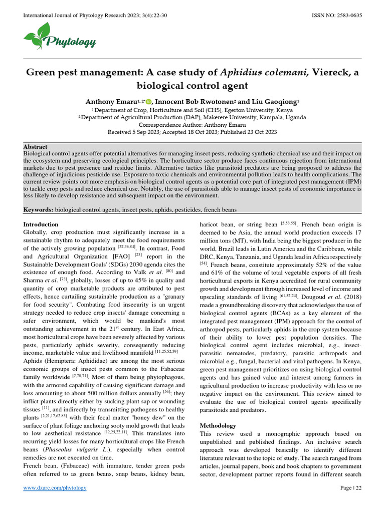 Green Pest Management: A Case Study of Aphidius Colemani, Viereck, A ...
