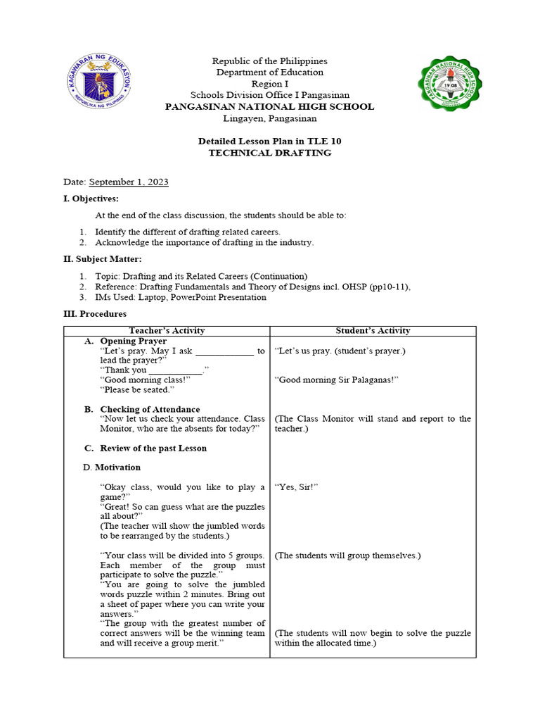 TLE 10 Lesson Plan: Technical Drafting | PDF | Engineering | Design