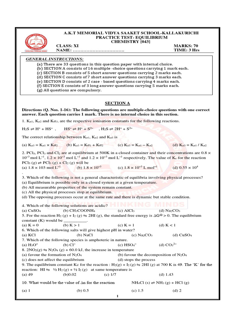 Chemistry Equilibrium Practice Test XI | PDF | Chemical Equilibrium | Acid