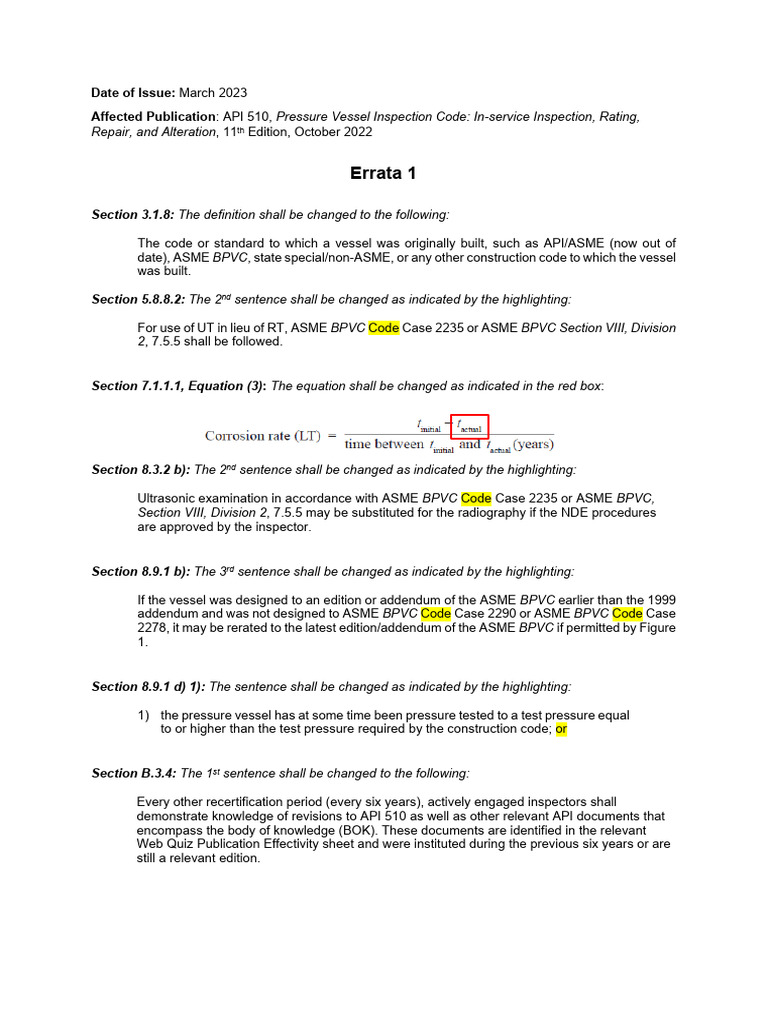 Api 510-2022 - Errata 1-2023-03 | PDF