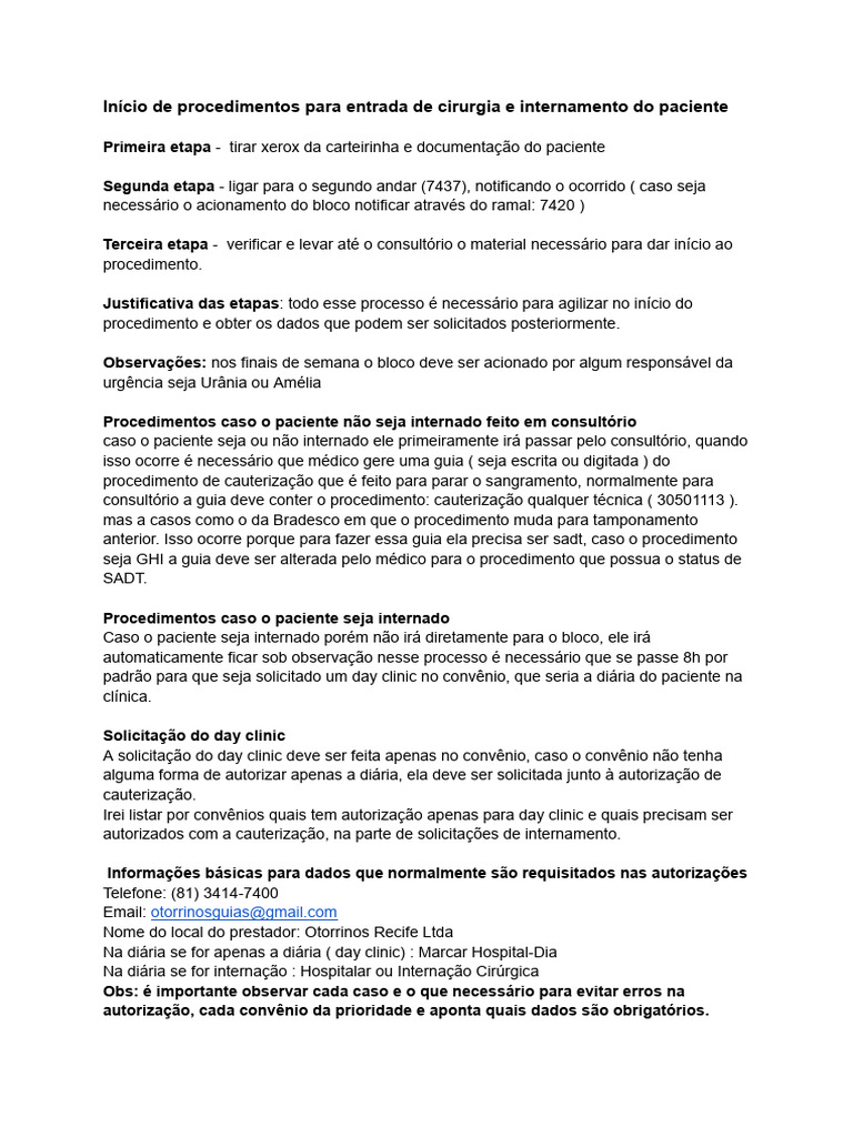 Procedimentos Para Cirurgia E Internamento Pdf Senha Cirurgia