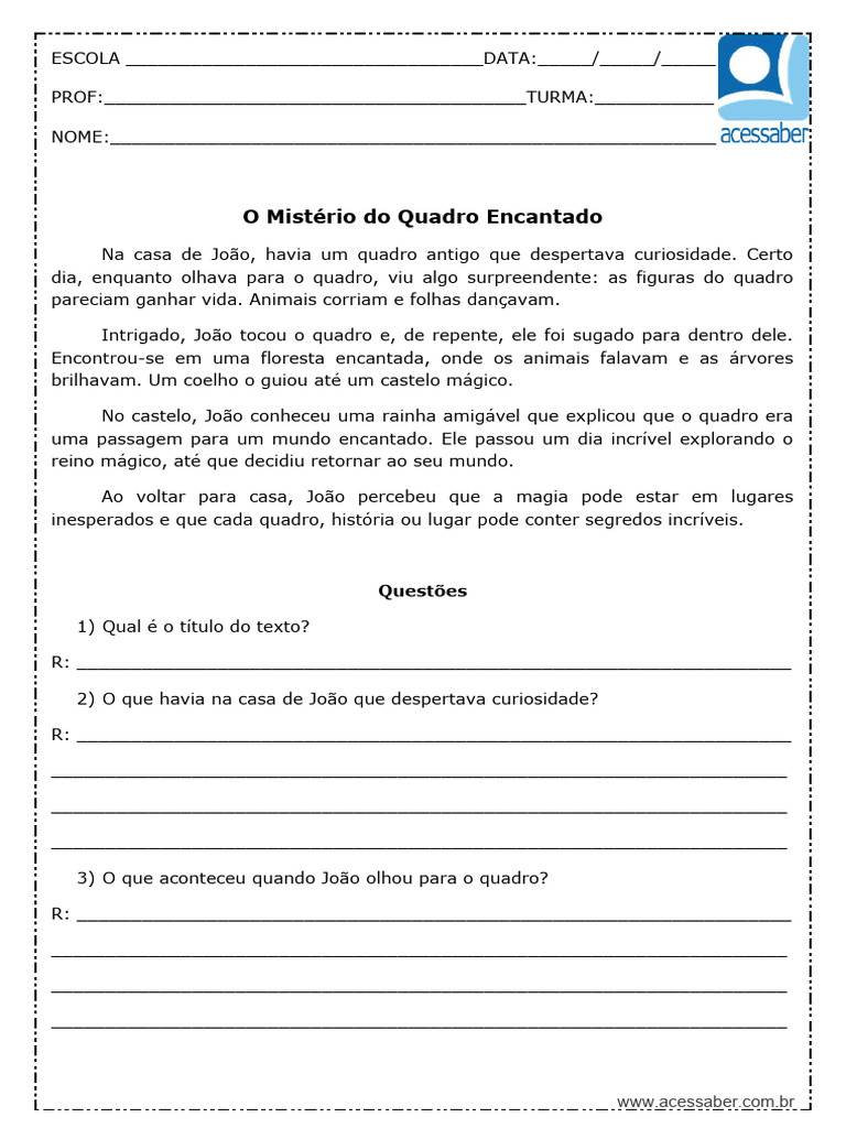 Interpretacao de texto o misterio do quadro encantado 3 ano e 4 ano