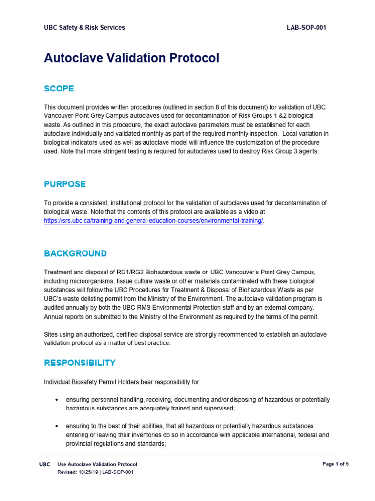 Lab Sop 001 Autoclave Validation Protocol PDF Disinfectant