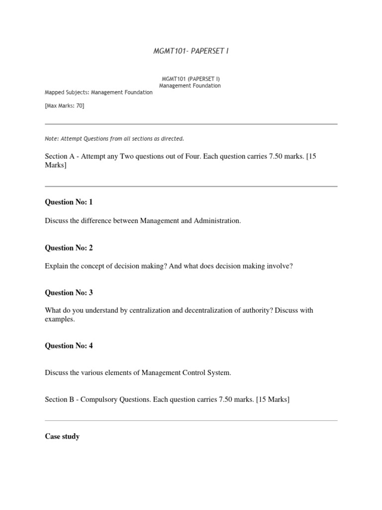 Management foundation sample qp pdf goal decision making