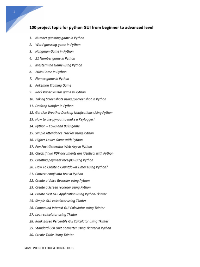 100 Project Topic For Python GUI From Beginner To Advanced Level | PDF ...