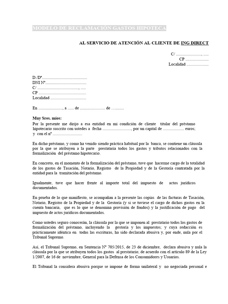 Modelo reclamacion gastos hipoteca ing direct pdf pr stamo hipotecario