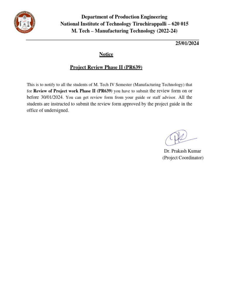 M. Tech Project Review Deadline Notice | PDF