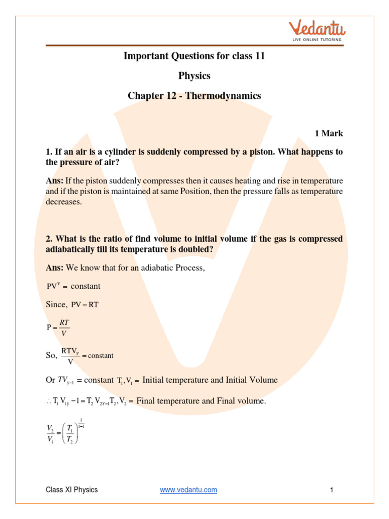 CBSE Class 11 Physics Chapter 12 - Thermodynamics Important Questions ...