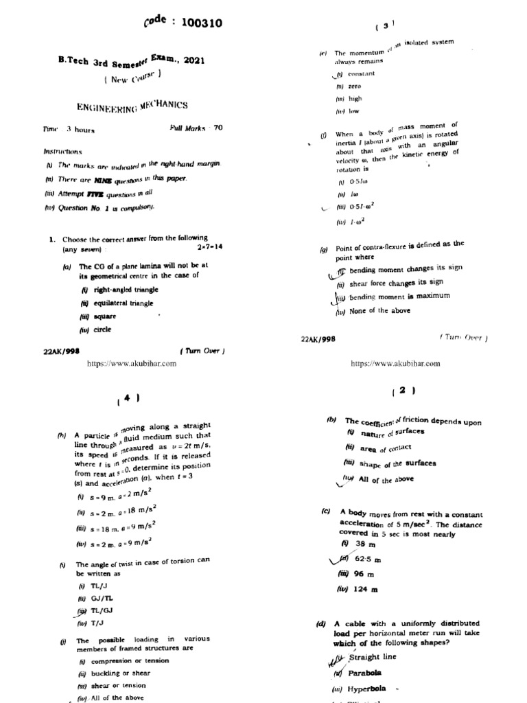 Btech Me 3 Sem Engineering Mechanics 100310 2021 | PDF