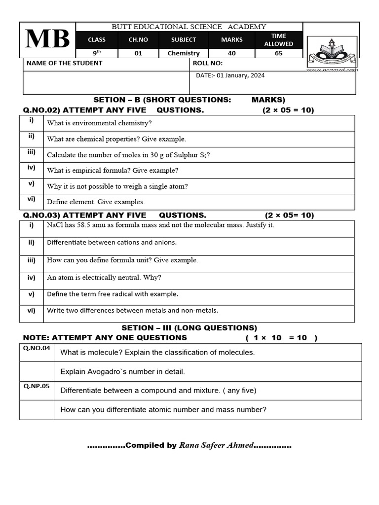 Chem 9th Mb Chapter No 01 Pdf Molecules Chemical Compounds