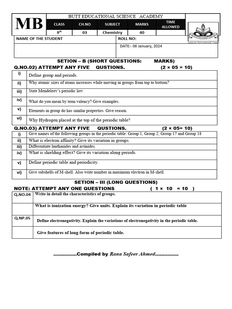 9th Grade Chemistry Exam Paper | PDF | Periodic Table | Chemical Elements