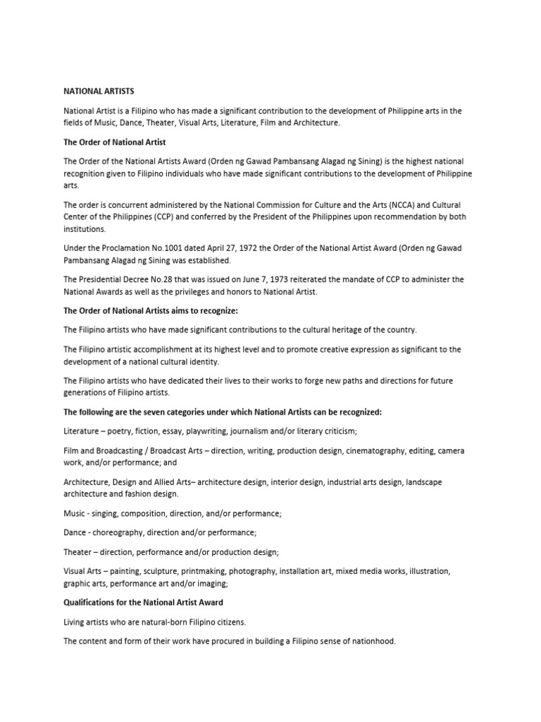 CPAR NATIONAL ARTISTS Grade 12 Stem Notes | PDF | Works | Philippines