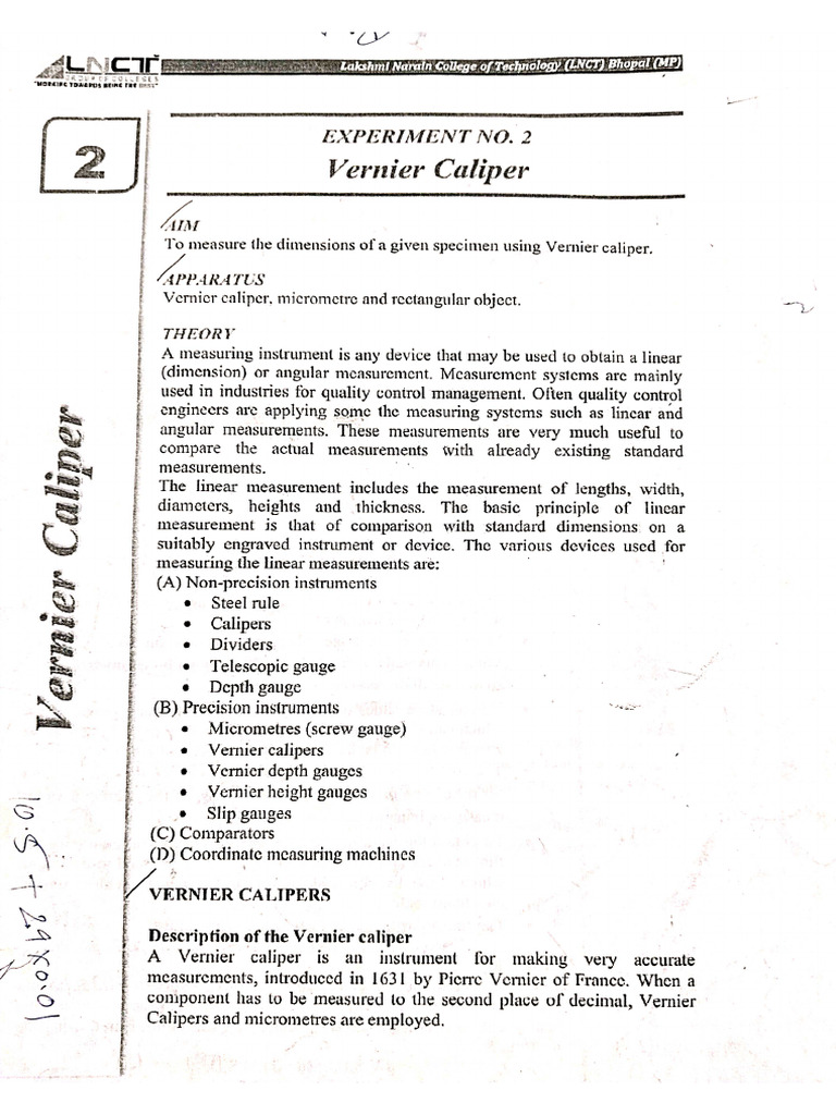 Vernier Caliper Experiment (BME) . PDF