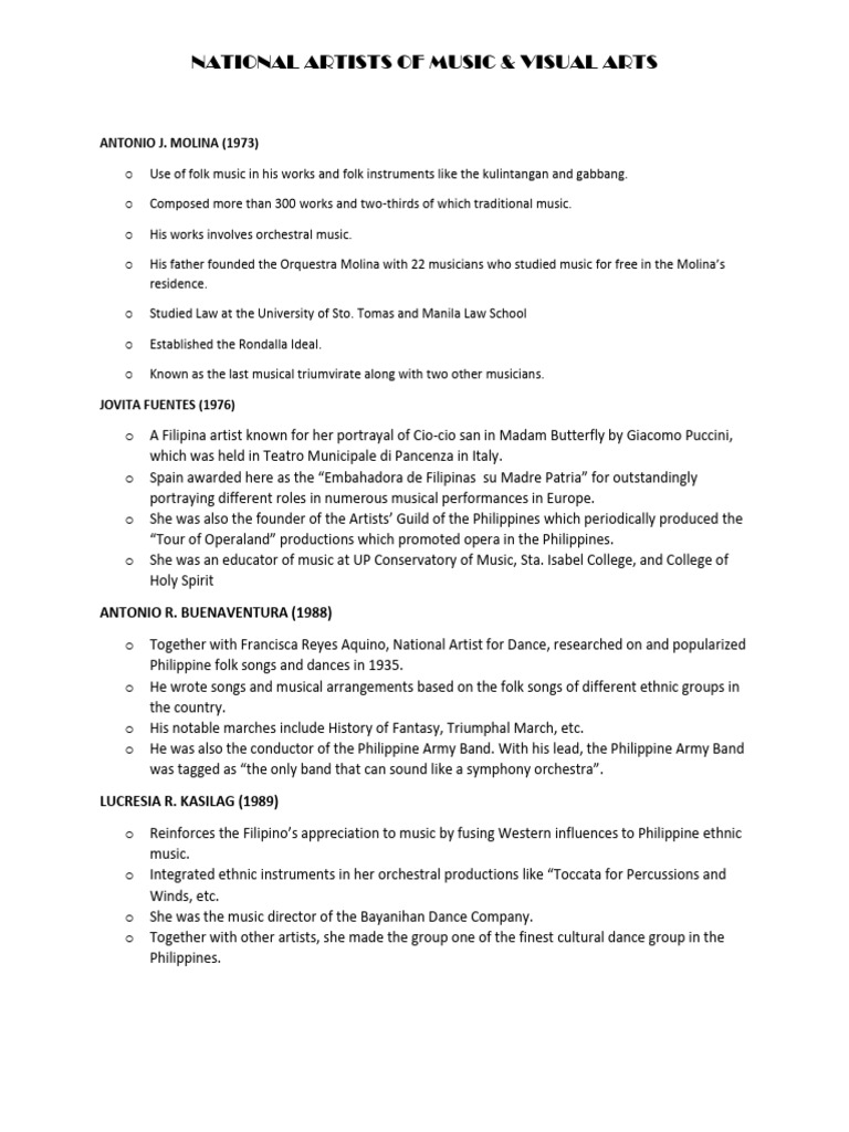 CPAR Grade 12 Stem Notes About NATIONAL ARTISTS OF MUSIC & VISUAL ARTS ...