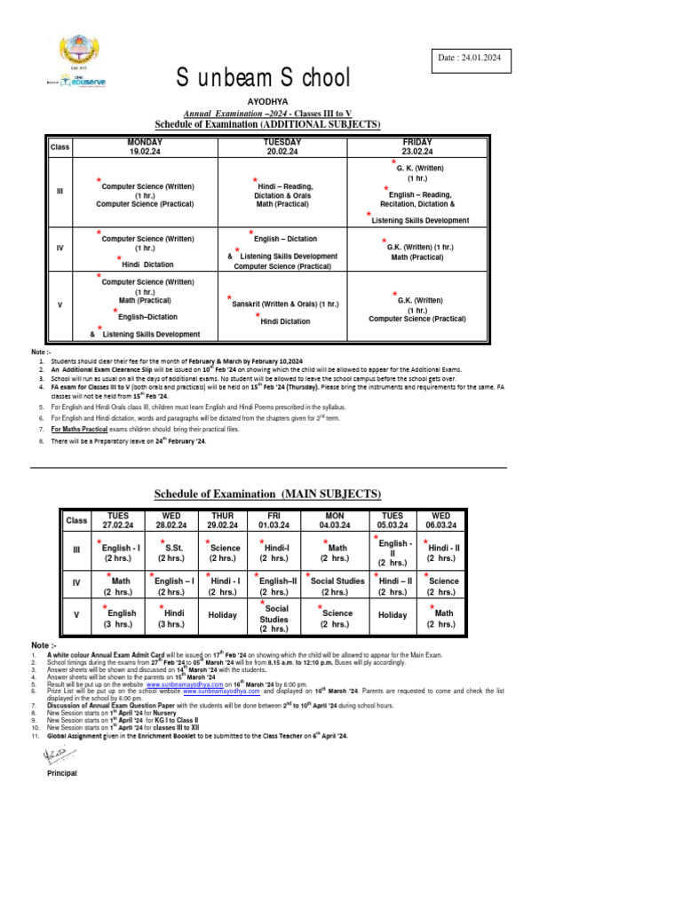 Schedule-of-Exam-III-IX - XI - Annual - 2024 Sunbeam | PDF