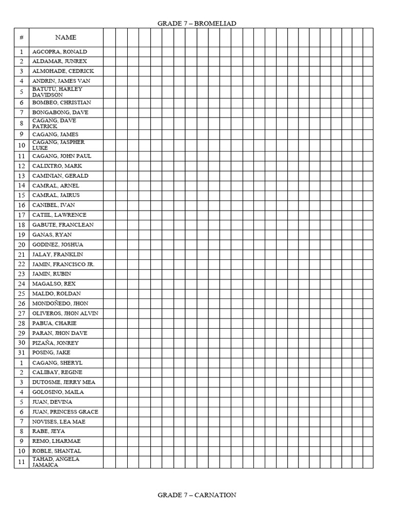 Grade 7 b reading attendance pdf