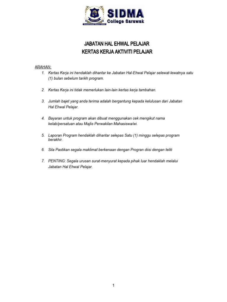 Contoh Kertas Kerja Aktiviti Kelab Persatuan | PDF