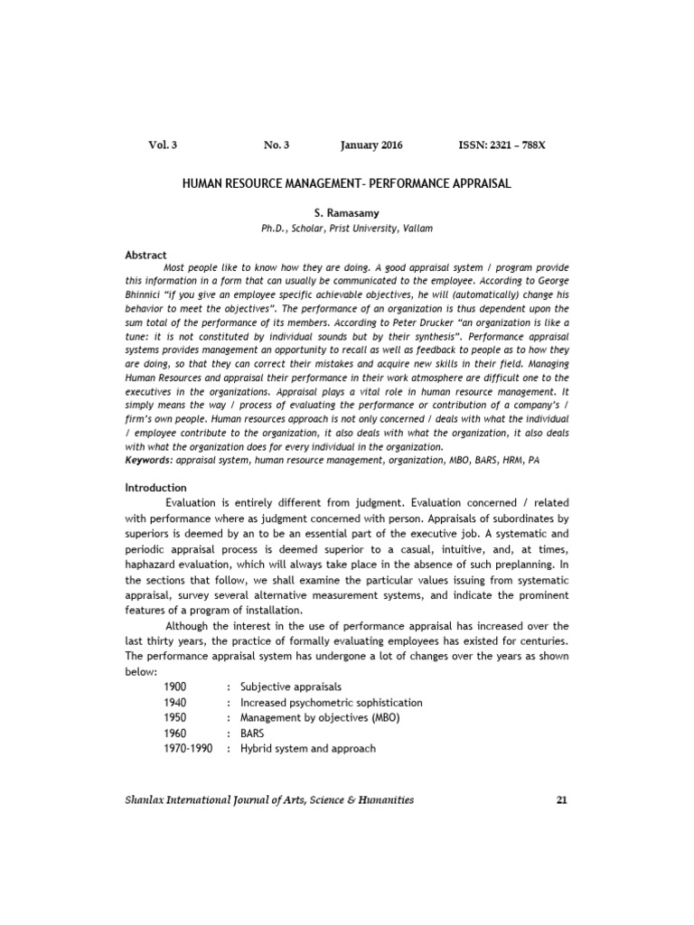 Human Resource Management-Performance Appraisal: Vol. 3 No. 3 January ...